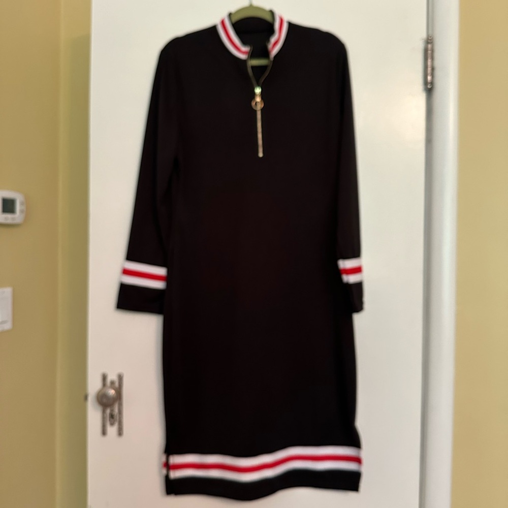 Black midi dress pull over style, polyester, stretchy.